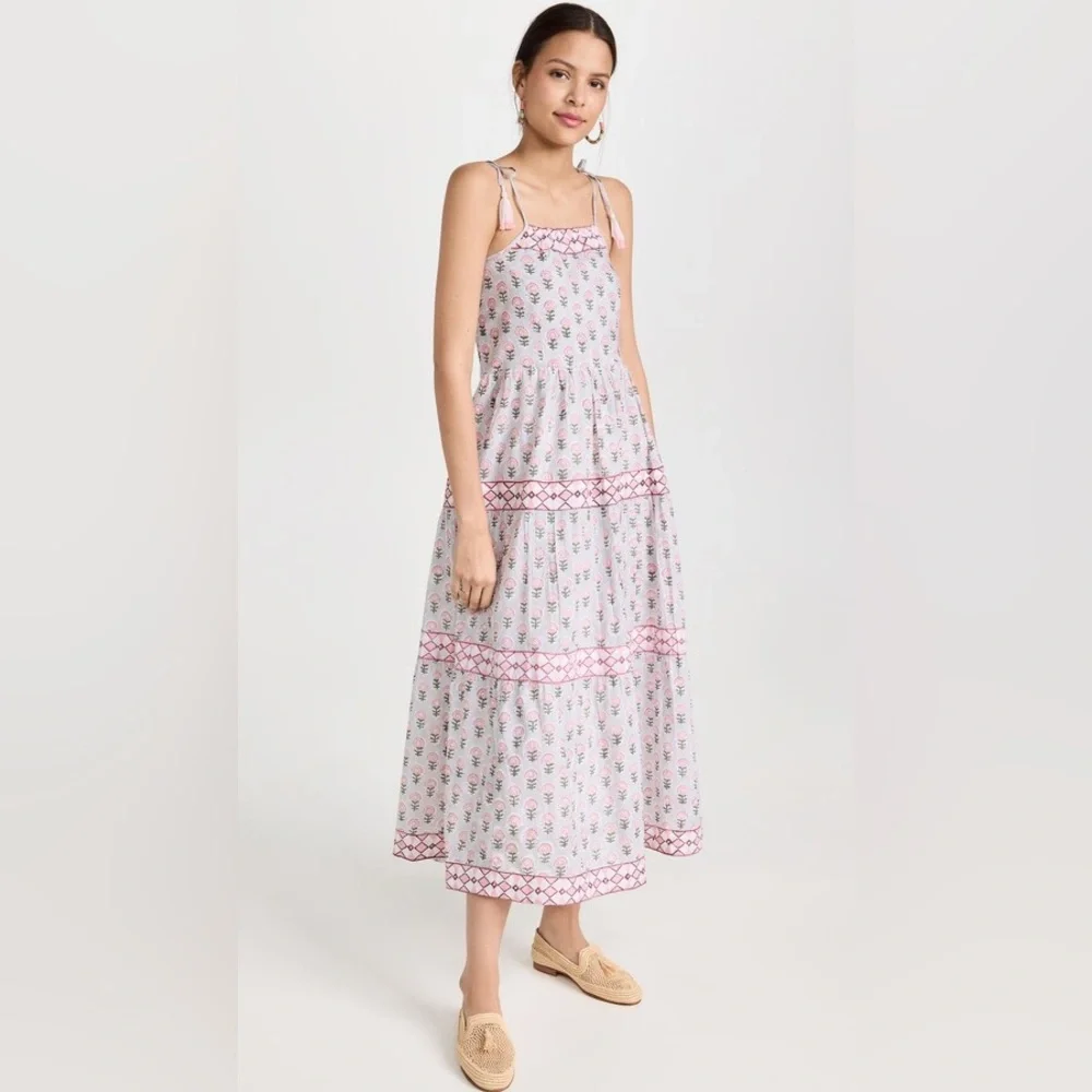 Marea by Liz Joy Veranda Floral Tier Tassel Tie Block Print Midi Maxi Dress